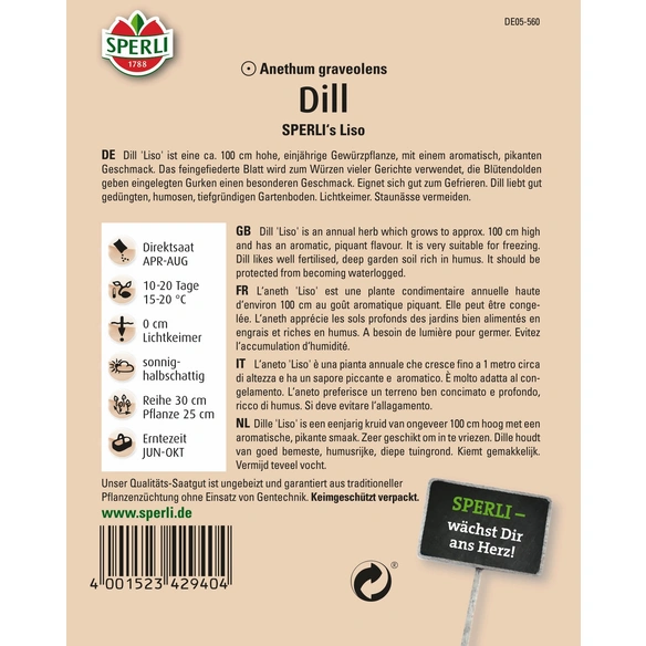 Dill »SPERLI's Liso«, einjährig, schnellwüchsig, pikanter Geschmack