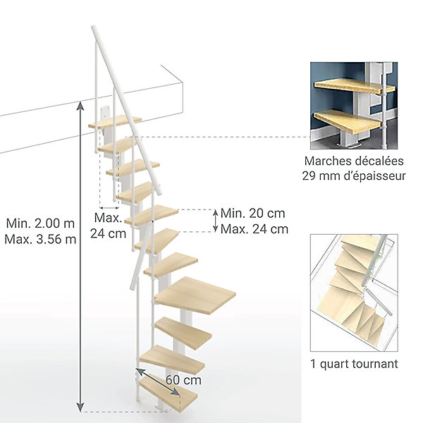 Escalier 1 quart tournant 12 marches - Hauteur à franchir de 2.60 à 3.08m - Largeur 60cm - Couleur bois et blanc -
