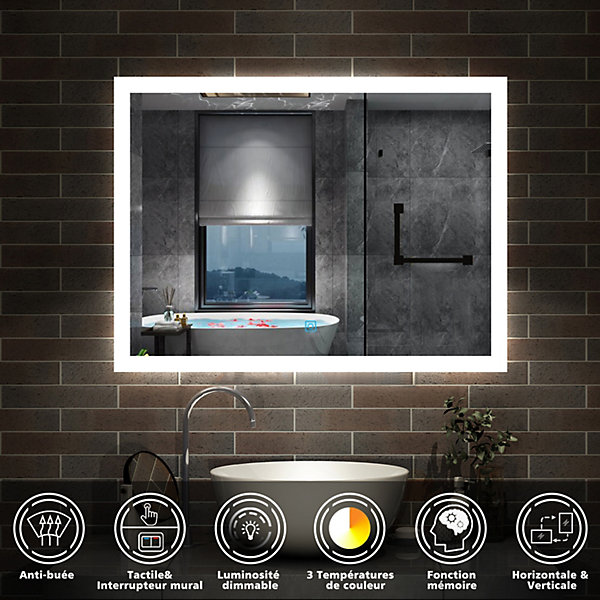 Miroirde salle de bain 60x50cm LED tricolore anti-buée   mémoire   dimmable, AICA SANITAIRE