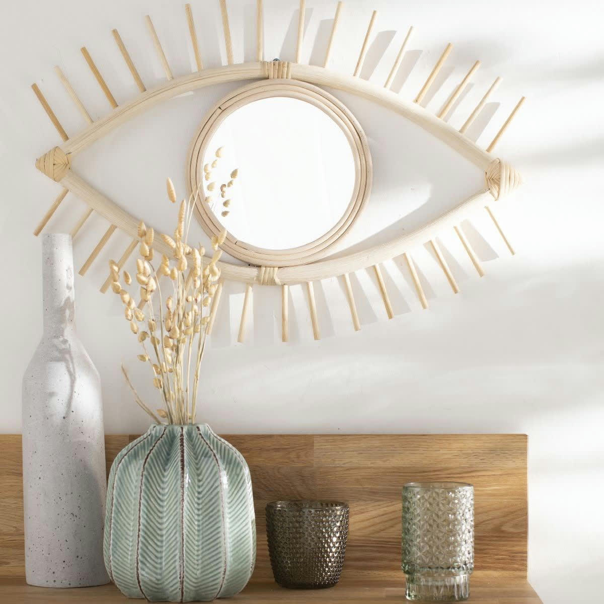 PALMA - Miroir œil en rotin beige