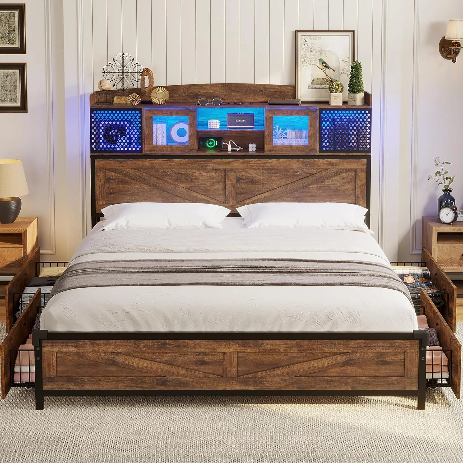 Bed Frame with Shelf Headboard & 4 Drawers Charging Station