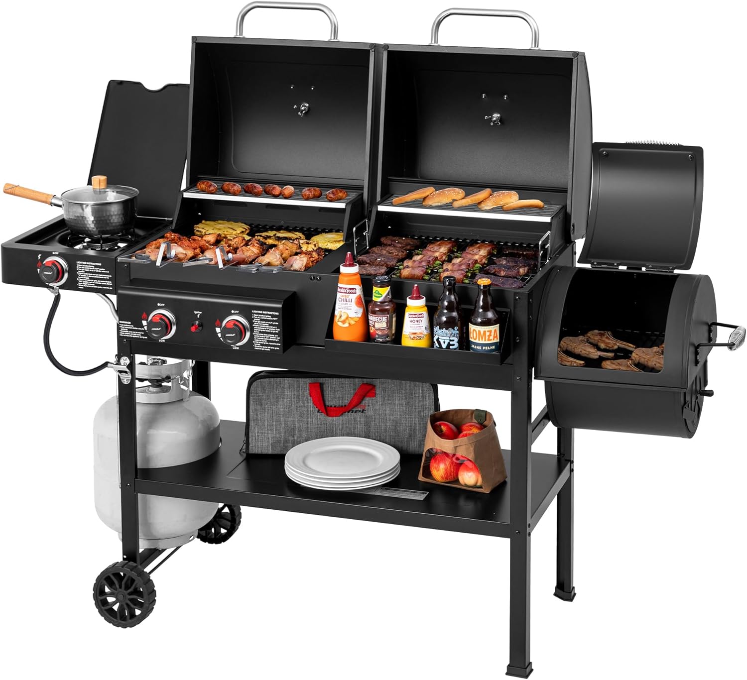 2-Burner Gas and Charcoal Grill Combo with Offset Smoker & Side Burner  34 000 BTU Dual Fuel Grill  1020 Sq. In. Cooking Area  Ideal for Outdoor Cooking  Black  ZH3005Y-SC