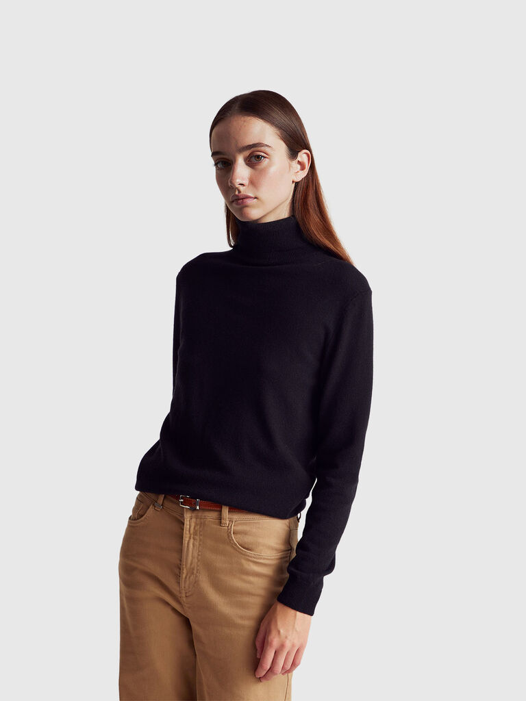 Black turtleneck sweater in pure Merino wool