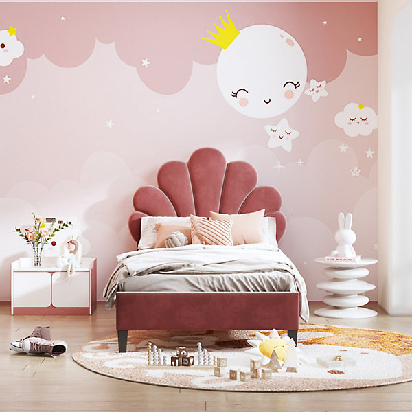 Lit simple capitonnés 90 x 200 cm, tête de lit en forme de fleur, sommier à lattes, velours, Rouge