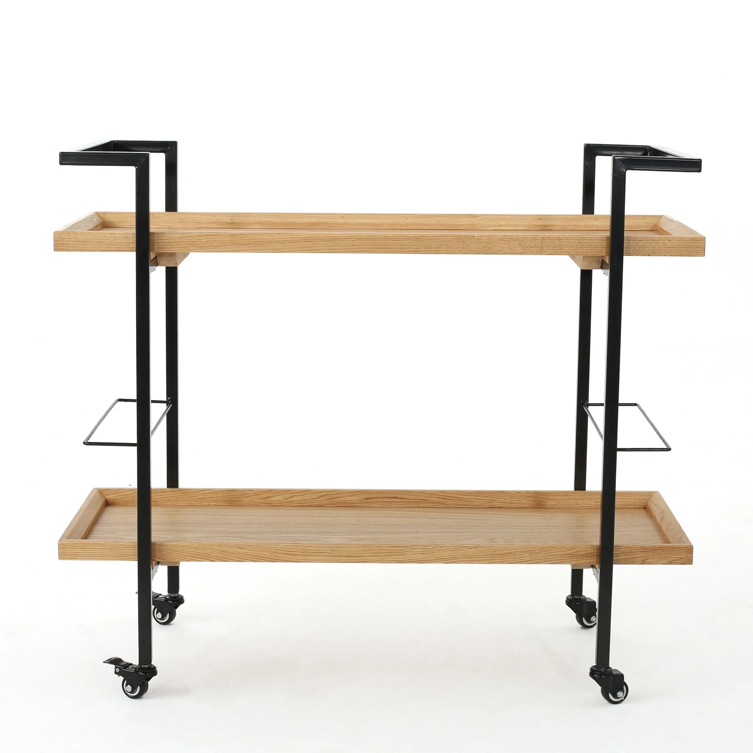 Rolling Bar Cart with Wood Look Shelving, Handle & Lockable Casters - Industrial Style Mobile Serving Cart with Wine Storage