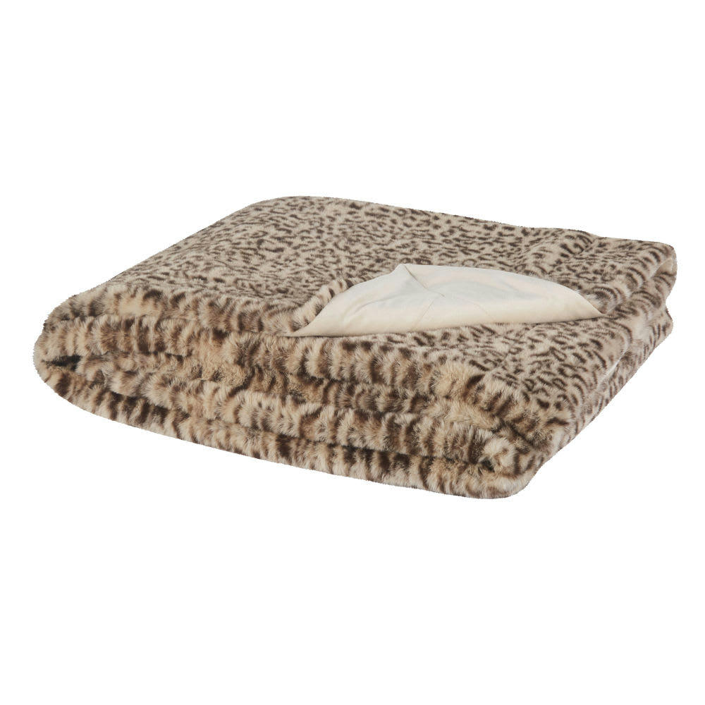 HIMALA - Plaid imitation fourrure écrue, noire et marron imprimé léopard 150x180