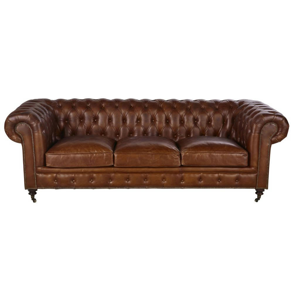 Chesterfield - Canapé capitonné vintage 4 places en cuir marron