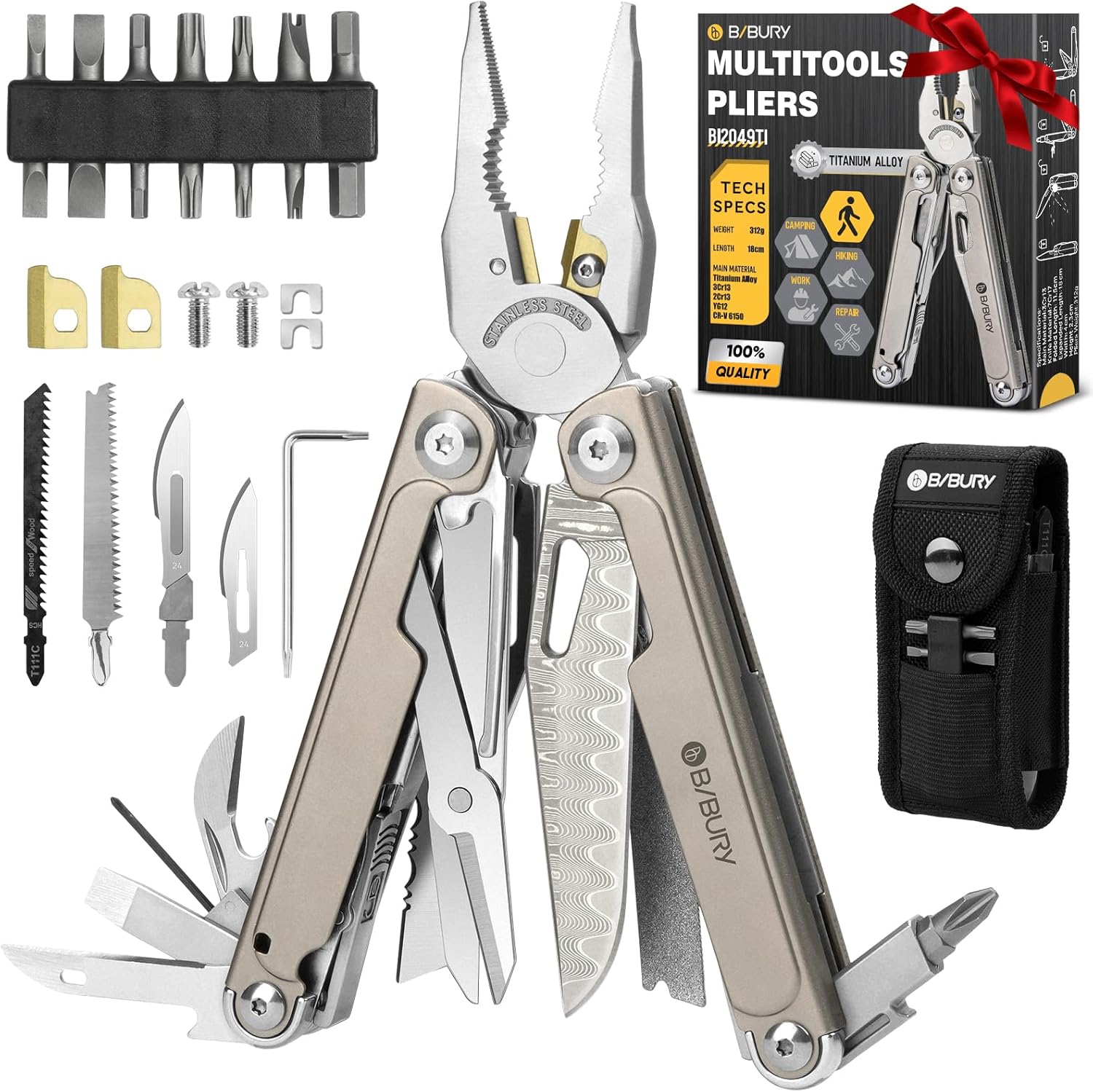 BIBURY Titanium Alloy Multitool with Damascus Knife, EDC Multi tools with Replaceable Wire Cutters, Scissors, Screwdriver Bits, Titanium Handle Multi-Tool for Camping, Survival, Repair - BI2049TI