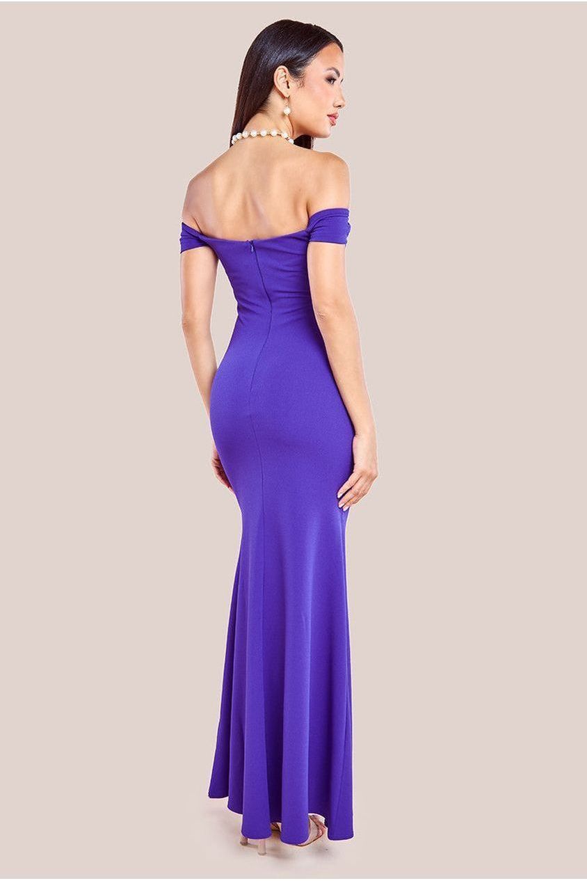 Goddiva Pleated Bardot Scuba Maxi Dress