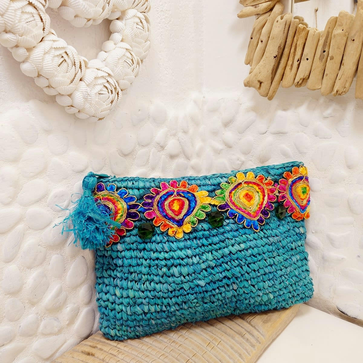 BONA - Pochette en raphia, turquoise