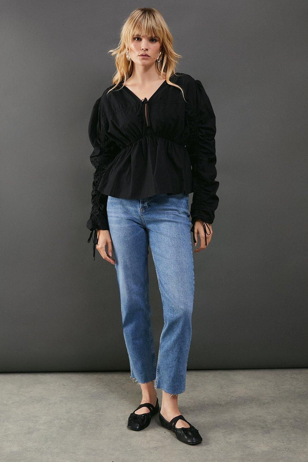 Warehouse Cotton Tie Front Volume Sleeve Blouse