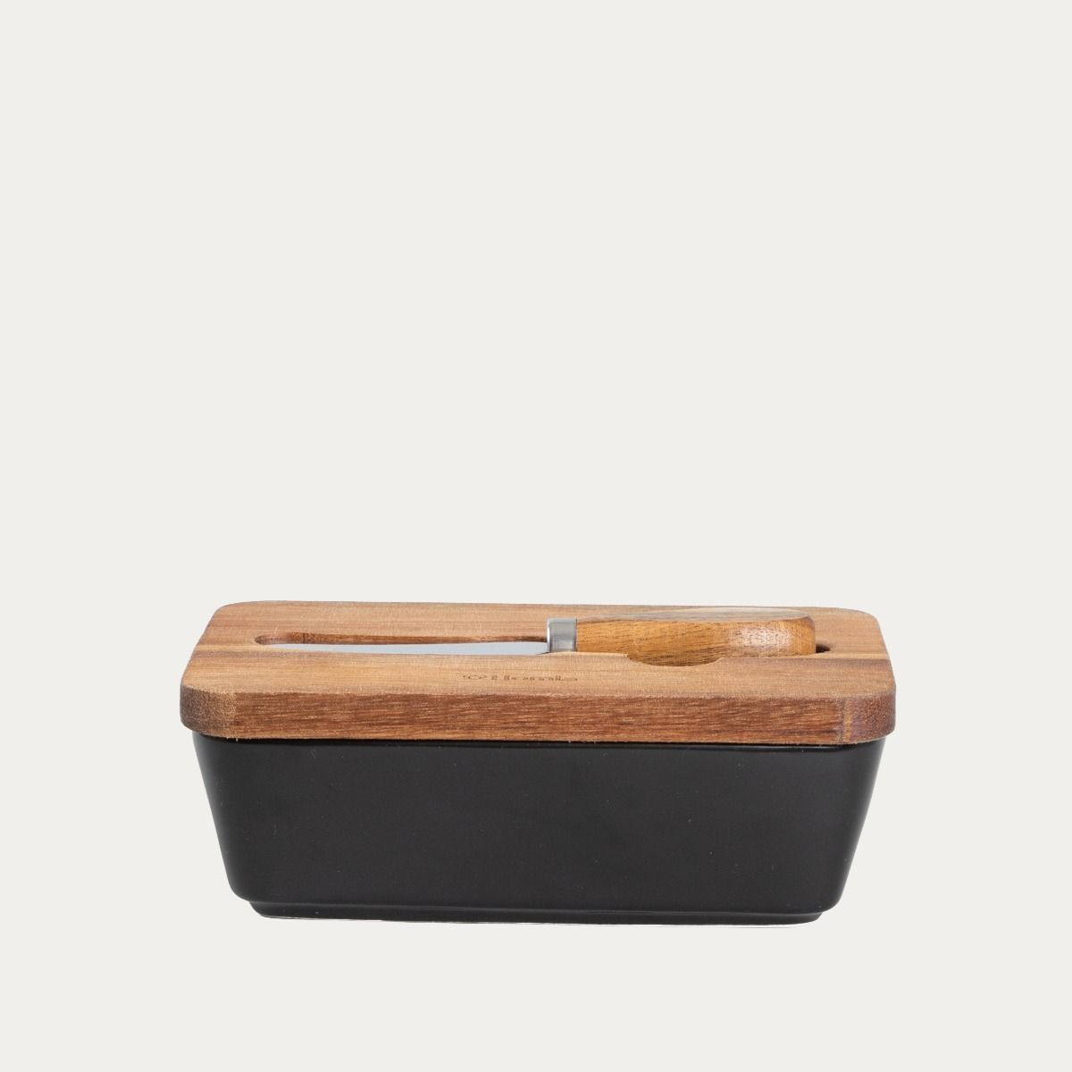 Maselniczka MOOKA porcelanowa z nożykiem i akacjową pokrywką czarna 11x16 cm