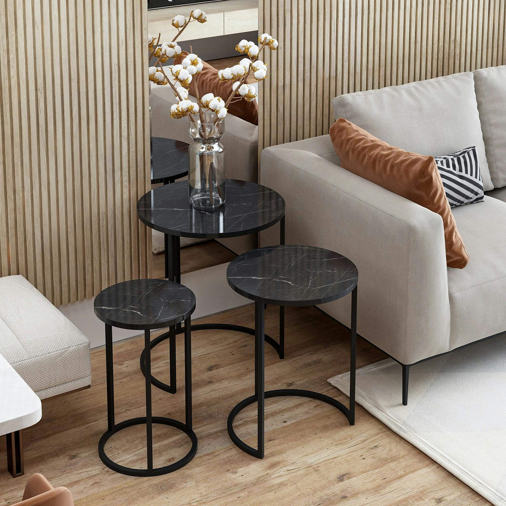 Bout de canapé rond effet marbre noir (lot de 3) JENA