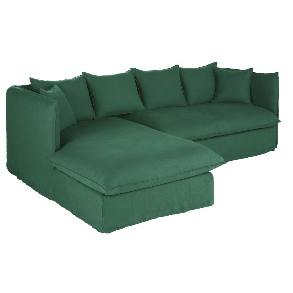 Louvain - Canapé d'angle gauche 3/4 places en lin froissé vert