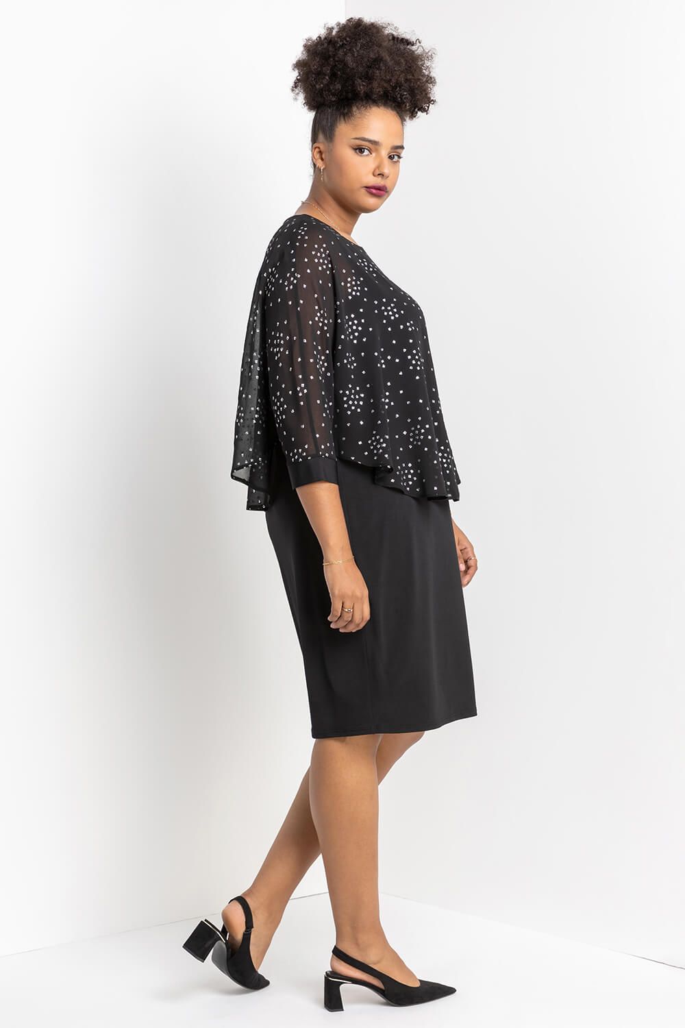 Roman Curve Foil Print Overlay Dress