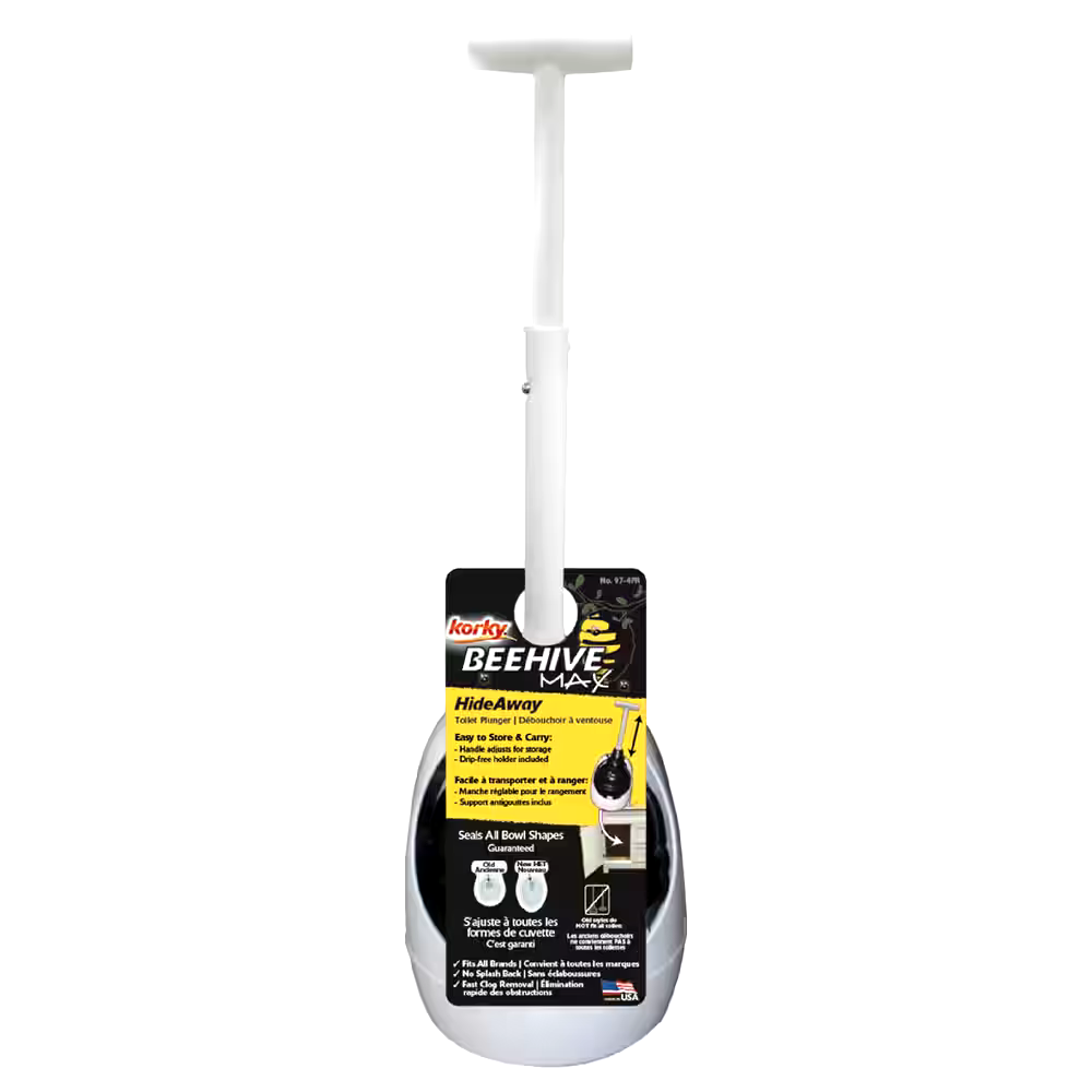 Korky BeehiveMax Hideaway Plunger with Comfort Grip & Drip Tray, 24-in, White