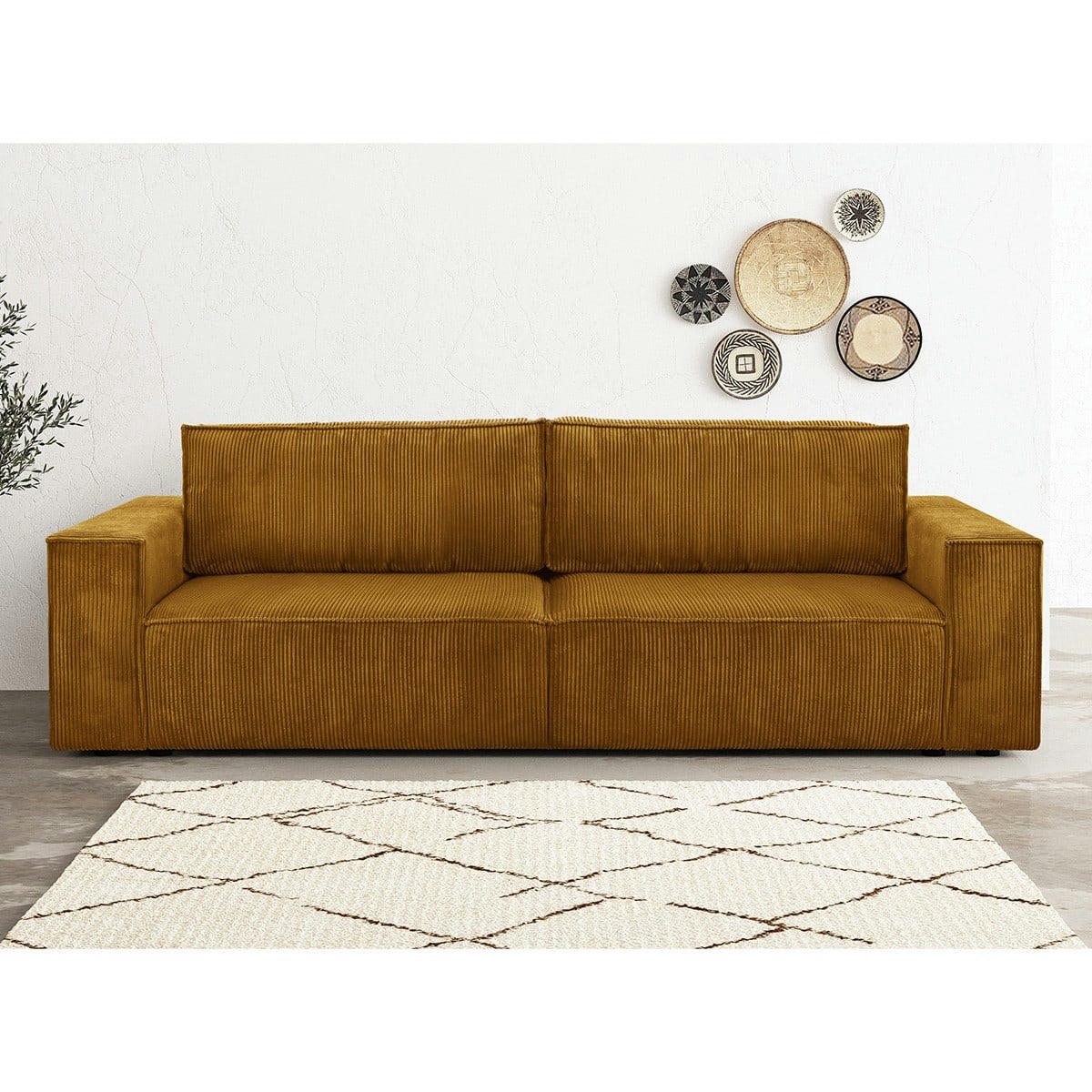 HARPER - Canapé convertible 3 Places en velours côtelé jaune moutarde