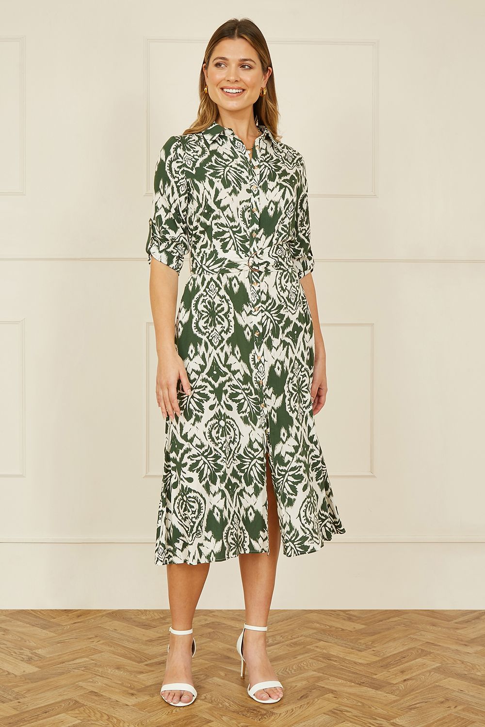 Yumi Yumi Green Ikat Geo Print Midi Shirt Dress