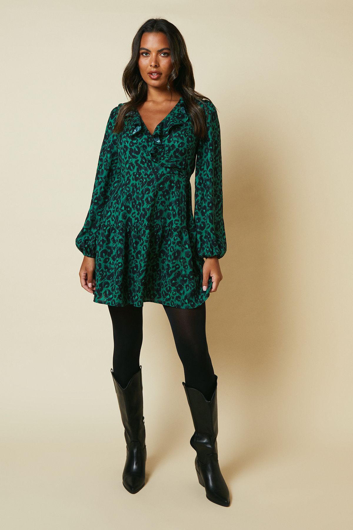 Dorothy Perkins Green Animal Tiered Hem Frill Wrap Mini Dress