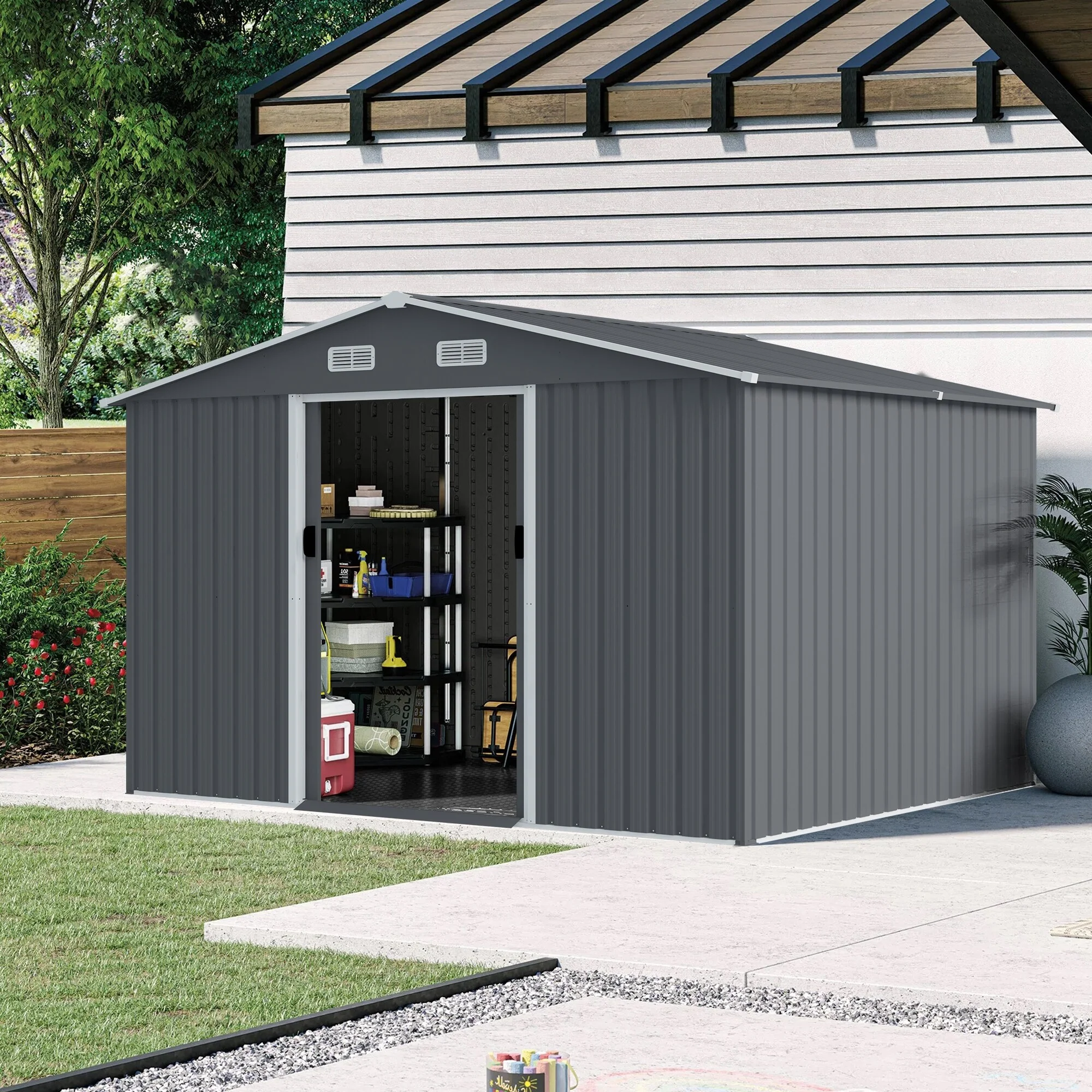 Large Metal Garden Shed Storage Shed Outdoor Tool Shed with Sliding Door Weatherproof Pet Shed for Backyard