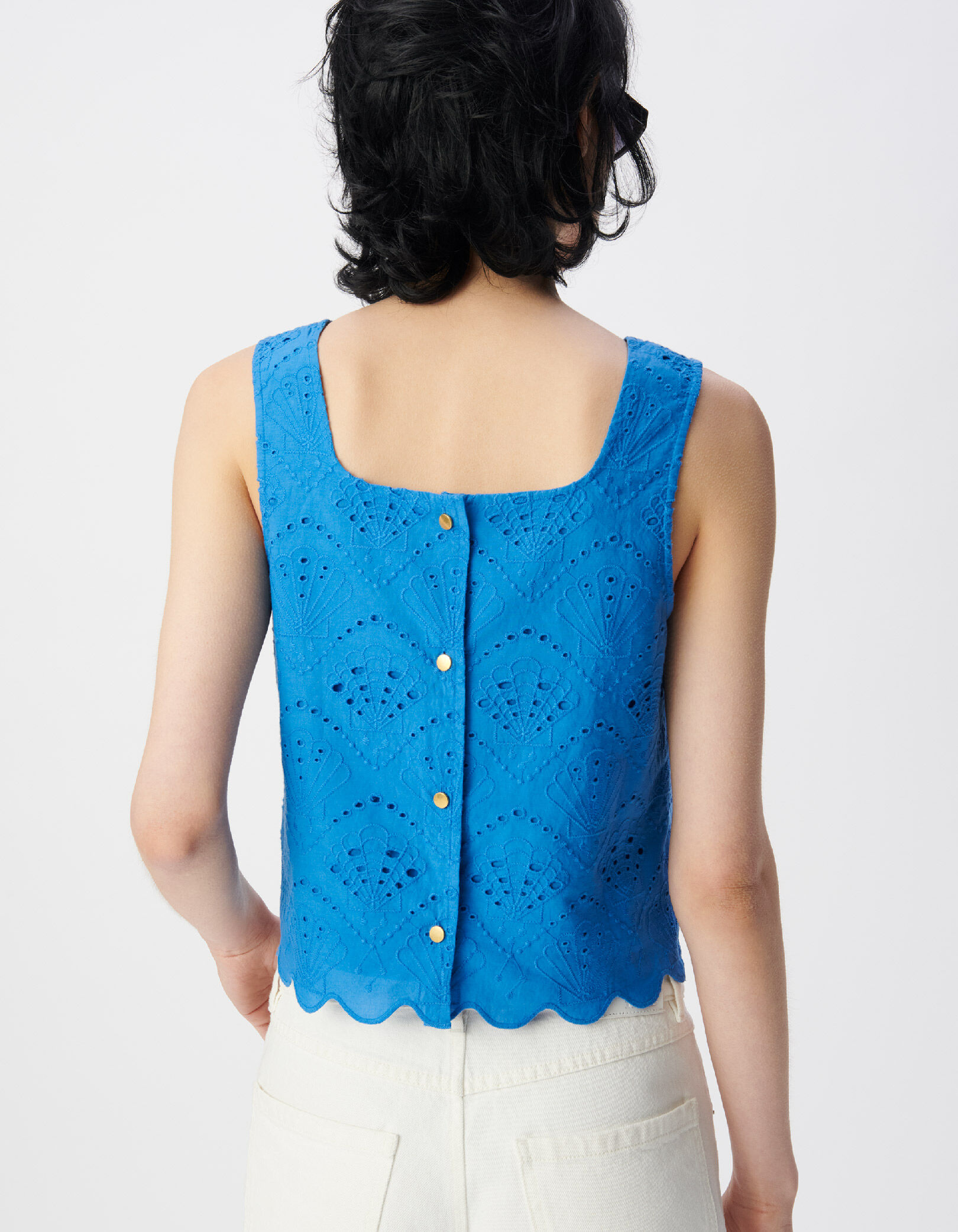Top sans manches bleu broderie anglaise Femme