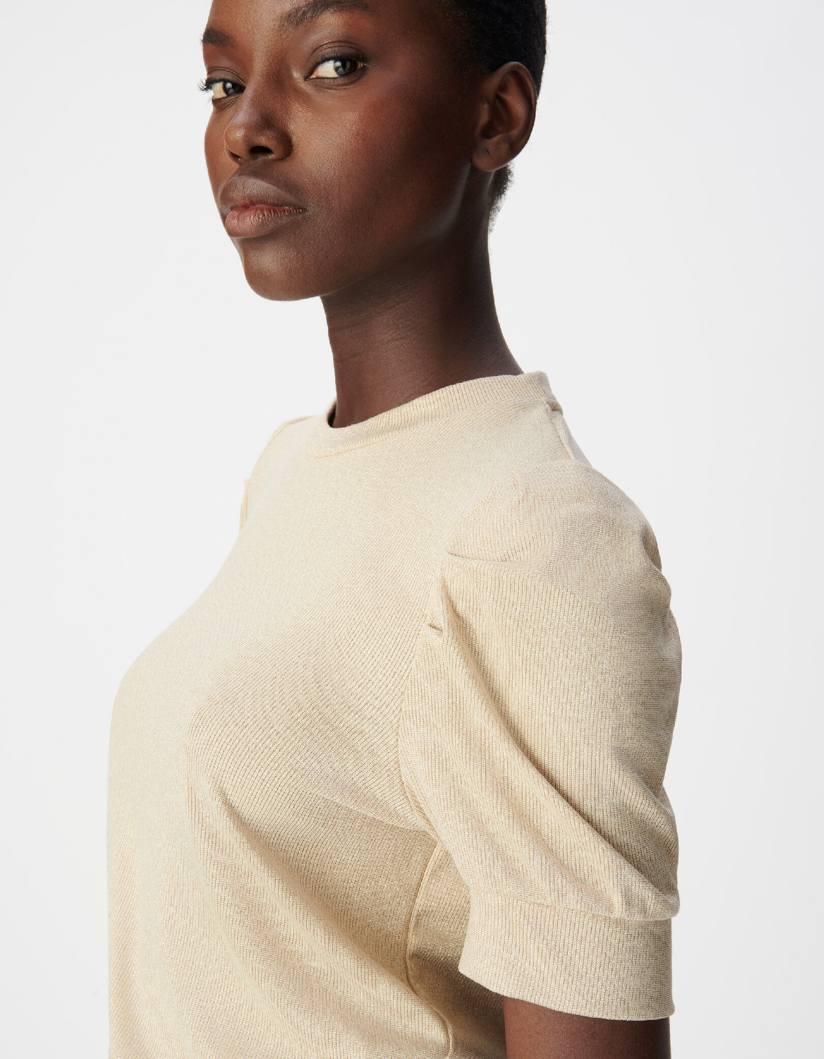 Tee-shirt col rond vert pailleté manches froncées Femme