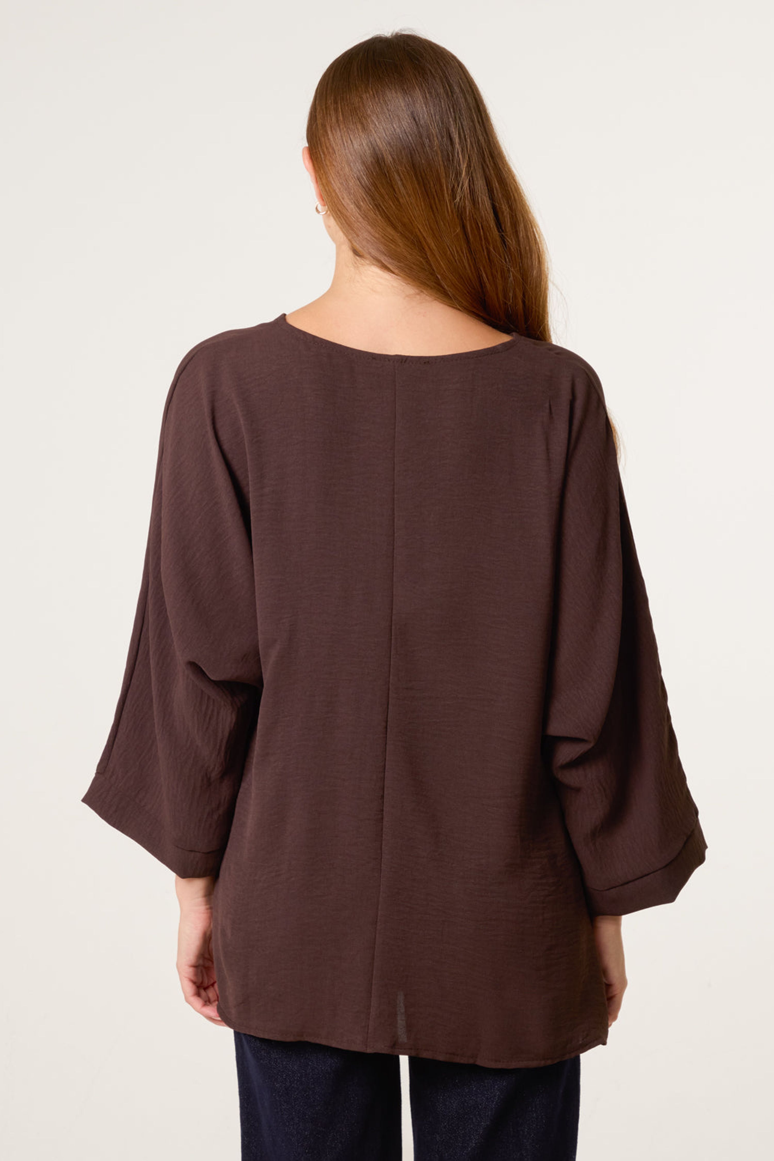 Blue Vanilla Brown Detail Side Gathered Blouse