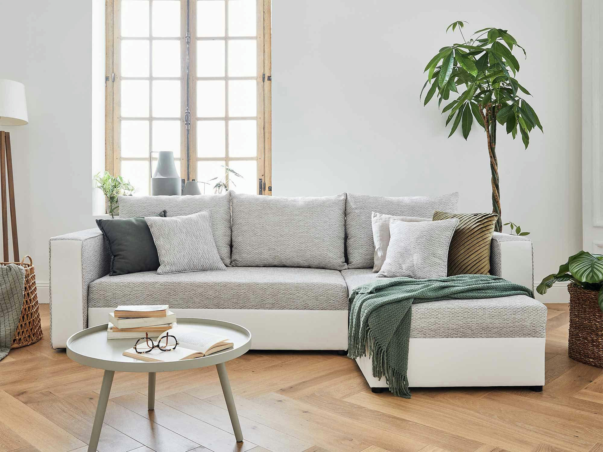 OPALE - Canapé d'angle réversible convertible 4 places en simili/tissu gris /