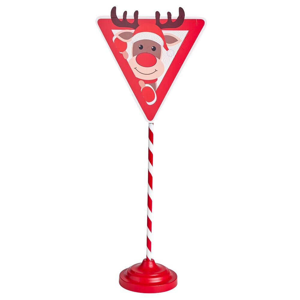 Pancarte de signalisation renne de No&euml;l métal rouge et blanc H59cm