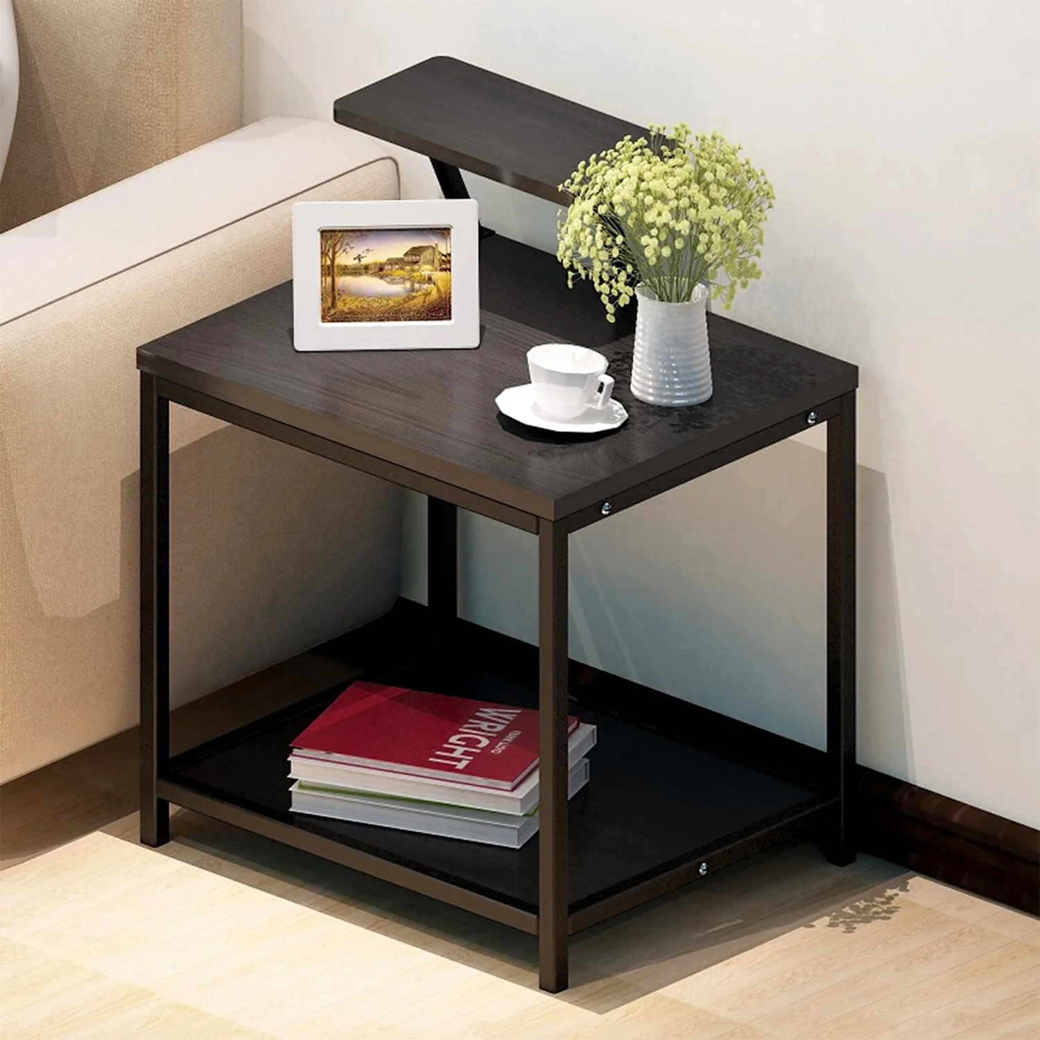 Modern Black Coffee Table Consoles Side Table with Adjustable Desktop Shelf