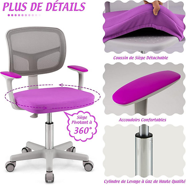 Chaise de Bureau Enfant Chaise étude avec Dossier Ergonomique et Siège Hauteur Réglable Violet