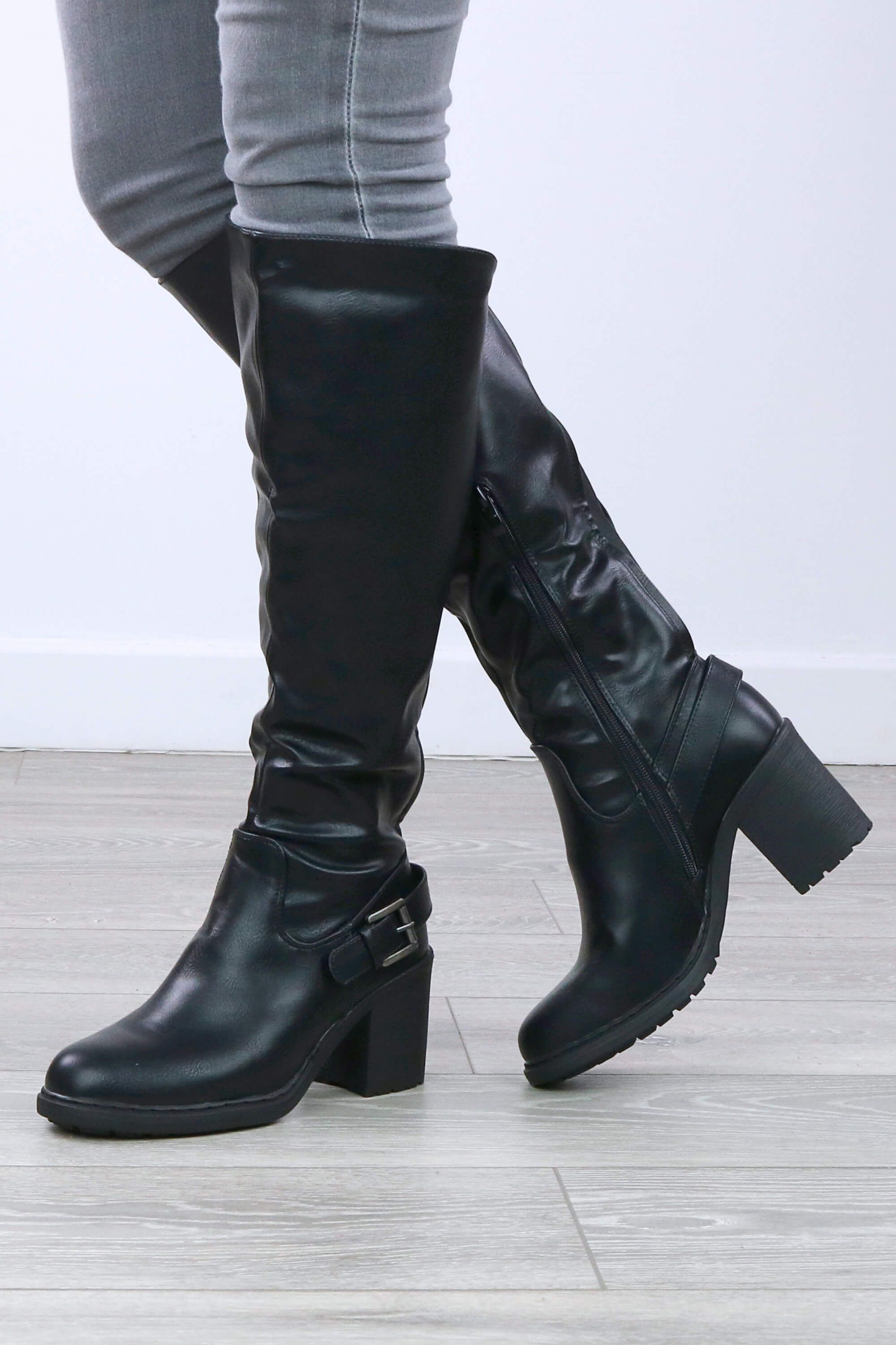 AJVANI High Block Heel Stretch Calf Biker Knee High Boots