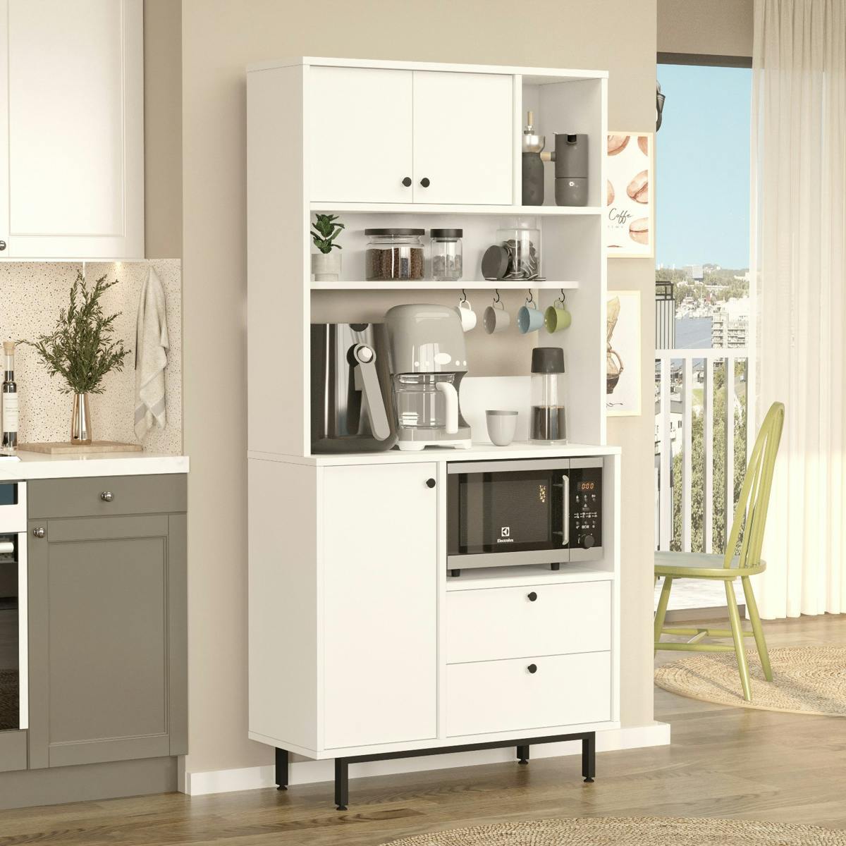 Buffet cuisine blanc avec niche micro-ondes H 180 cm JENA