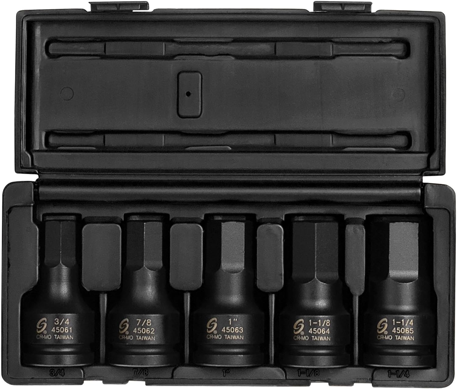 SUNEX TOOLS 4506, 3/4 Inch Drive Impact Hex Driver Set, 5-Pieces, SAE, 3/4 - 1-1/4, Cr-Mo Steel, Solid One Piece Construction, Dual Size Markings, Heavy Duty Storage Case