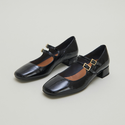 Babies à doubles bridesen vernis plissé noir | DUNA