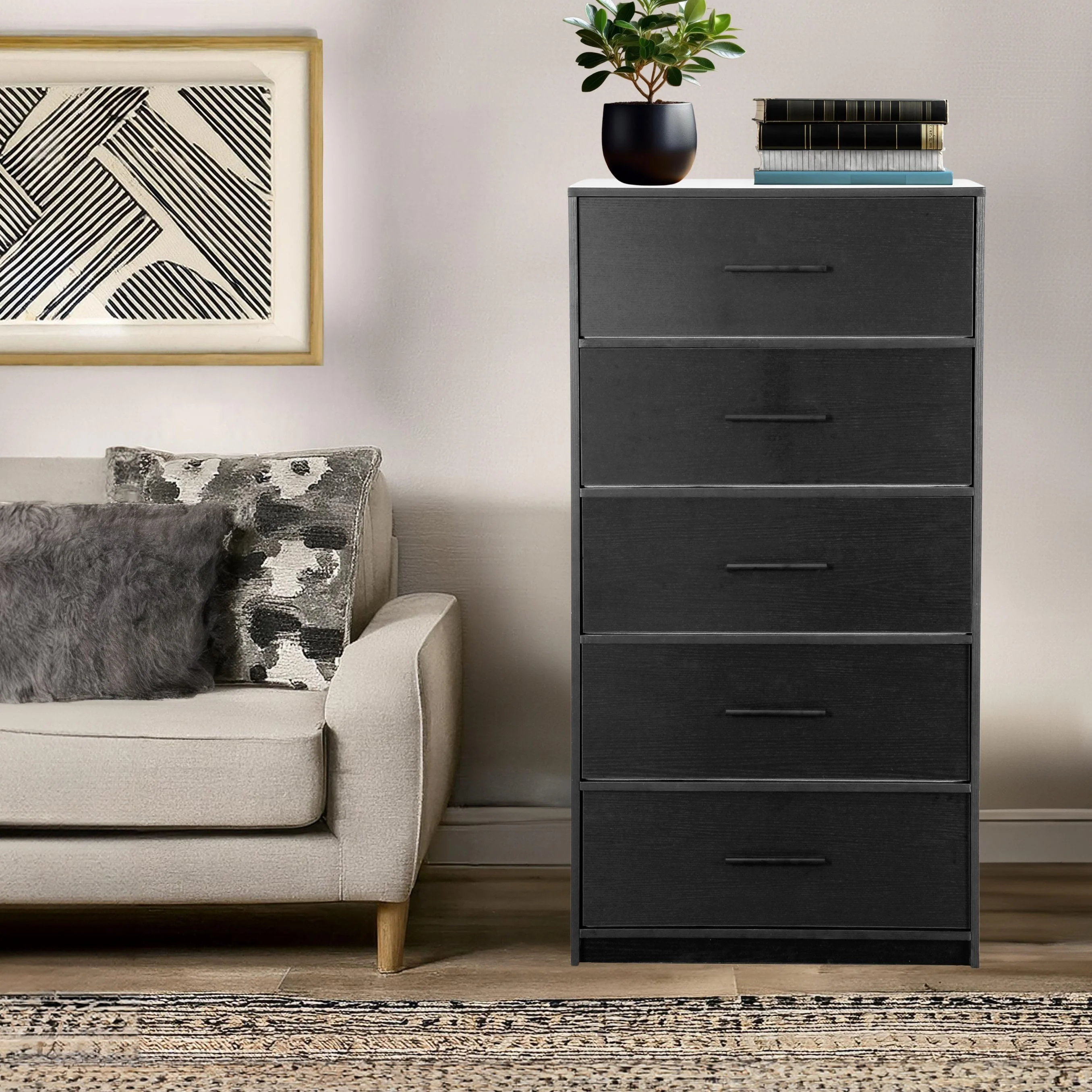 Modern 5-Drawer Fabric Dresser With Sturdy Wood Frame