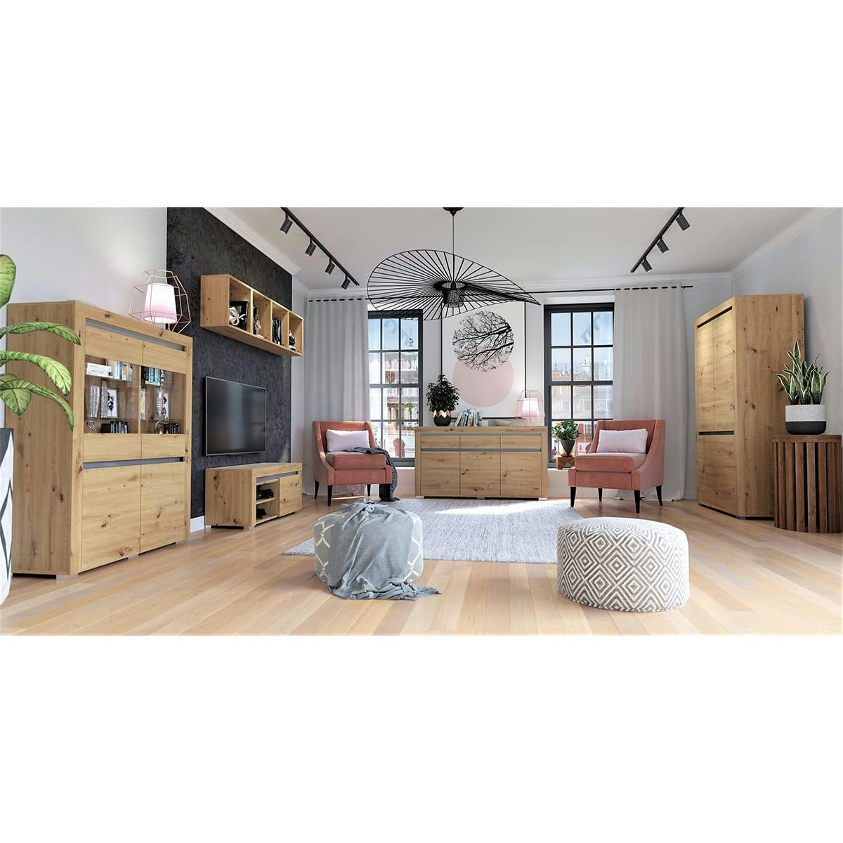 - Buffet 2 portes 1 tiroir LED inclus stratifiés naturel et gris