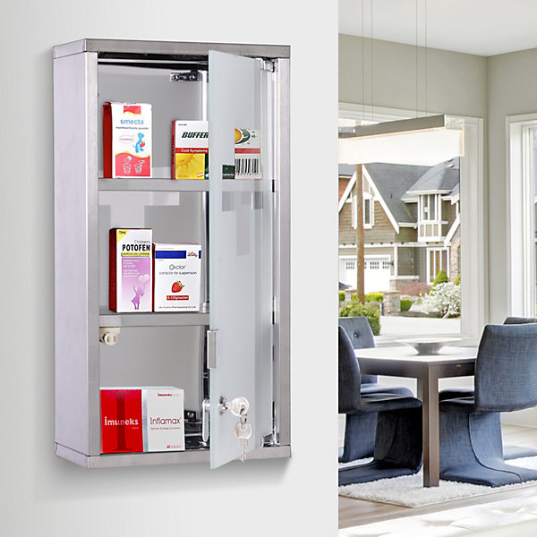 Armoire à pharmacie 2 étagères 3 niveaux verrouillable porte verre trempé dépoli logo croix 25L x 12l x 48H cm acier inox