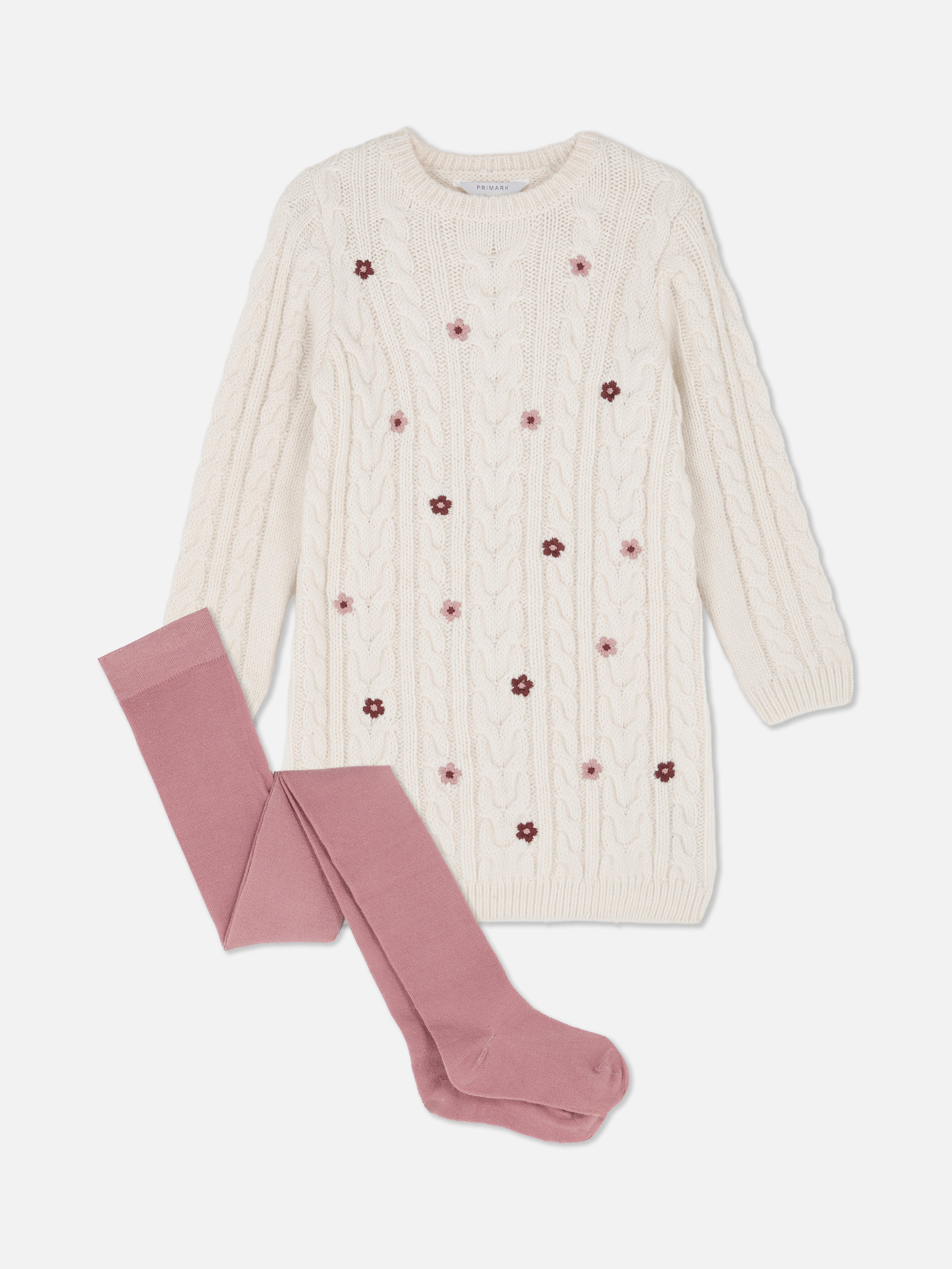 1.5-8yrs | Floral Cable Knit Sweater Dress and Tights Set