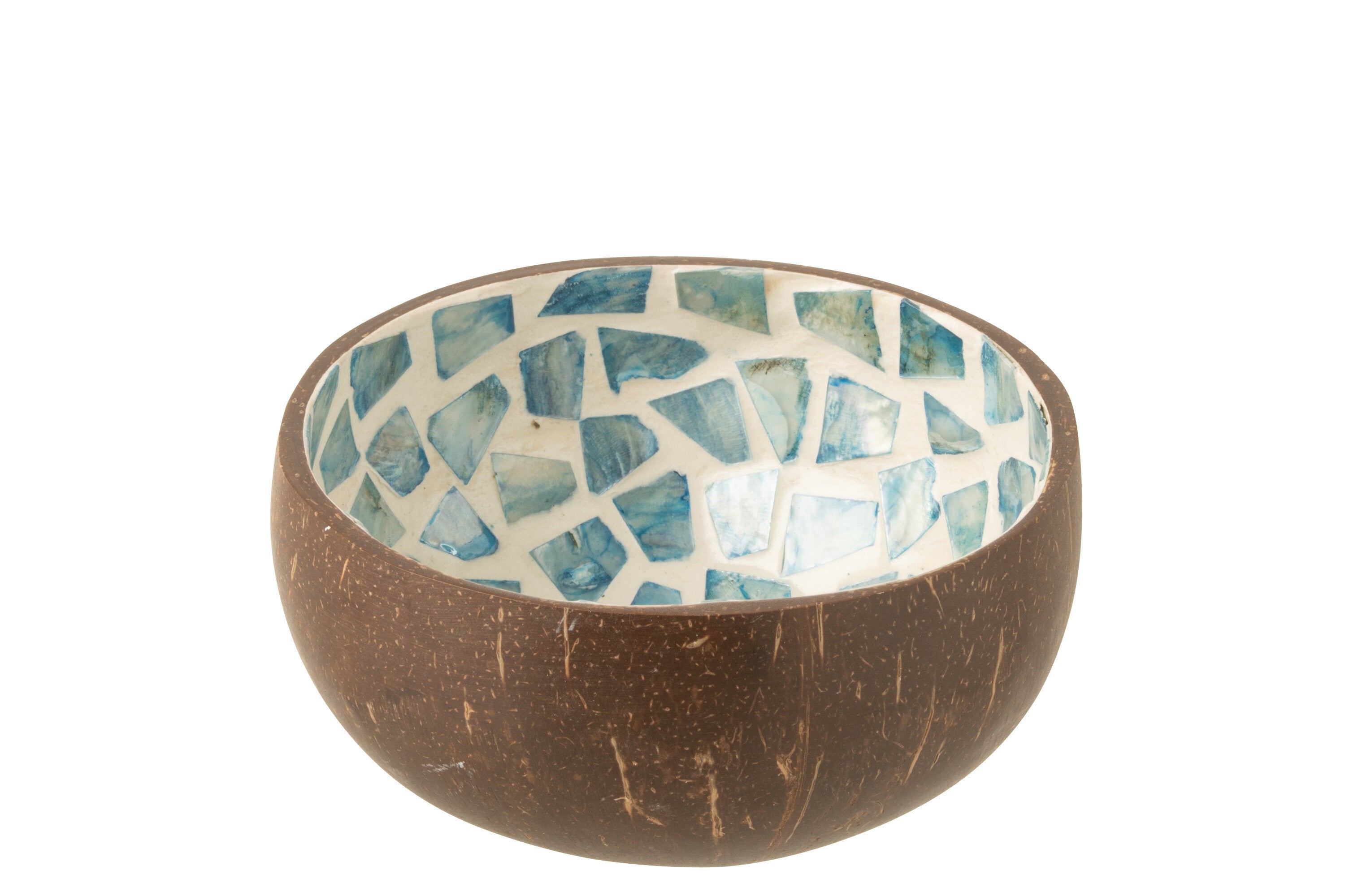 J-Line kom Kokosnoot Mozaiek Kokosnoot   Schelp - bamboe - blauw - 2 stuks