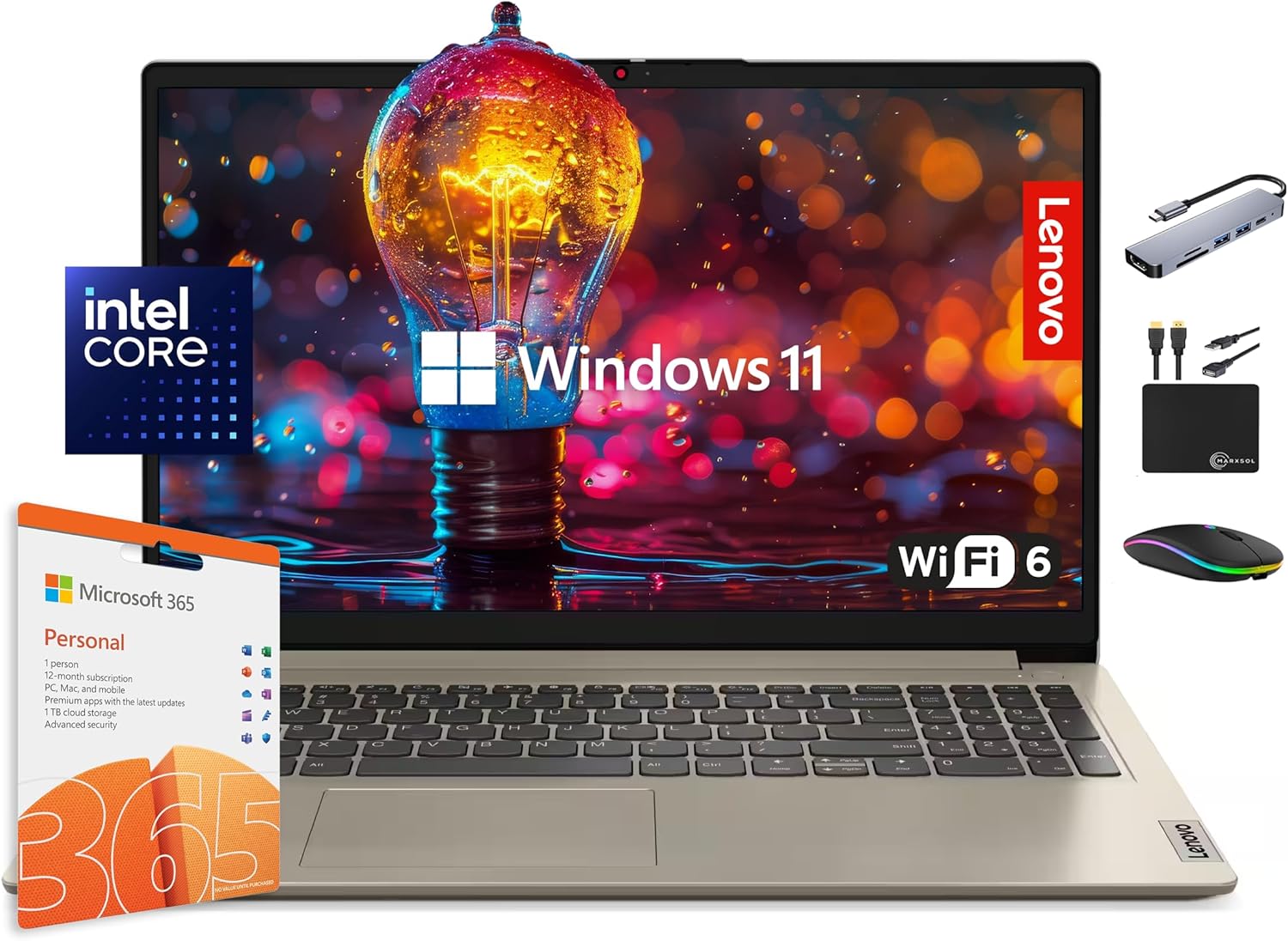 Lenovo IdeaPad Laptop Computer 2025  15.6 Display  12GB RAM  1.1TB Storage (500GB SSD + 128GB eMMC + 500GB Ext)  Intel Dual Core Processor  Long Battery  MarxsolAccessory  1 Year Office 365  Win 11