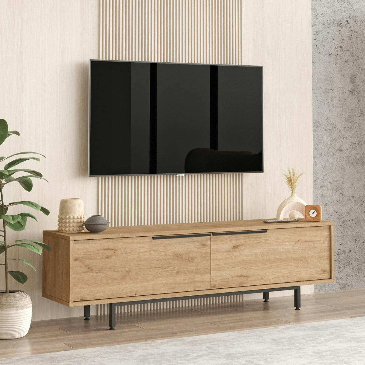 Meuble TV décor bois avec rangement pieds métal noir JENA