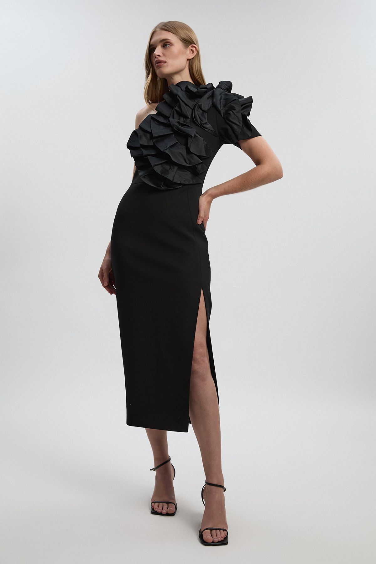KarenMillen Compact Stretch Taffeta Ruffle One Shoulder Midi Dress