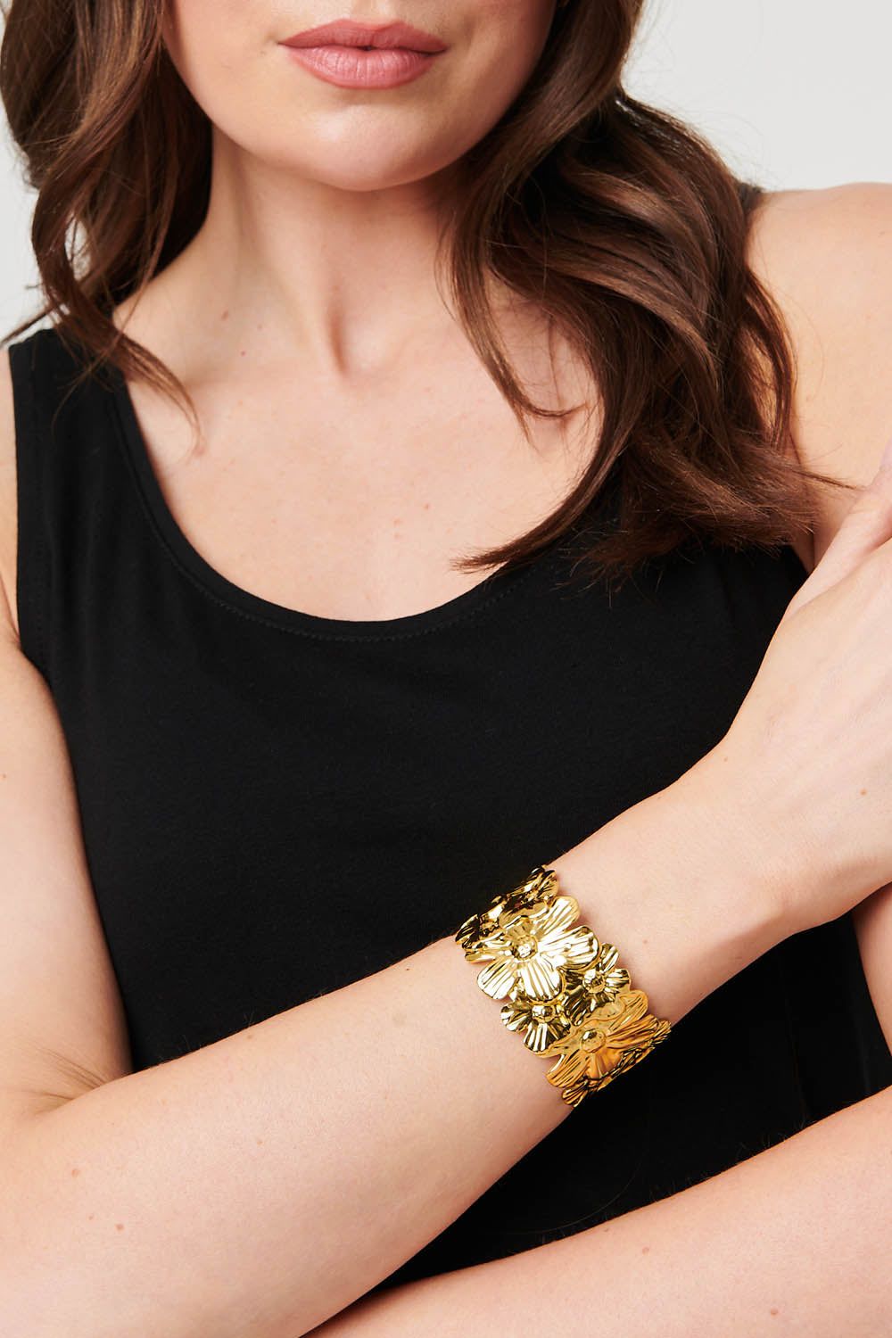 Izabel London Floral Textured Metallic Wide Bracelet