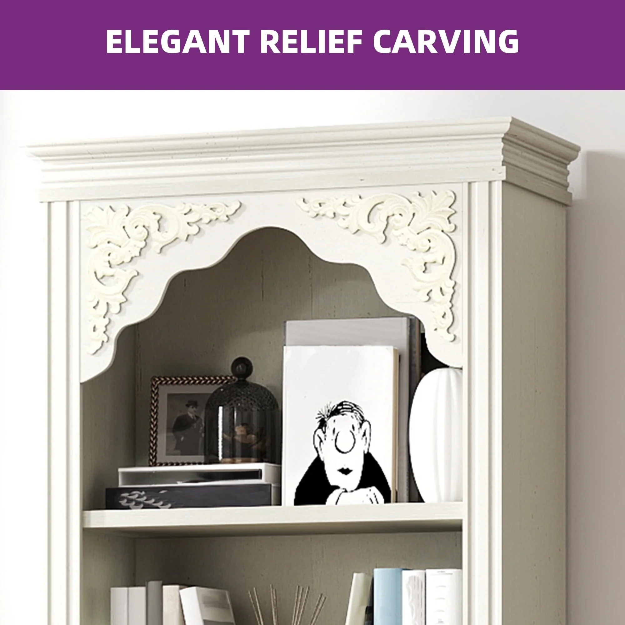 Moasis Modern 5-Shelf Bookcase Display Shelf Antique Arched Bookshelf with Drawers