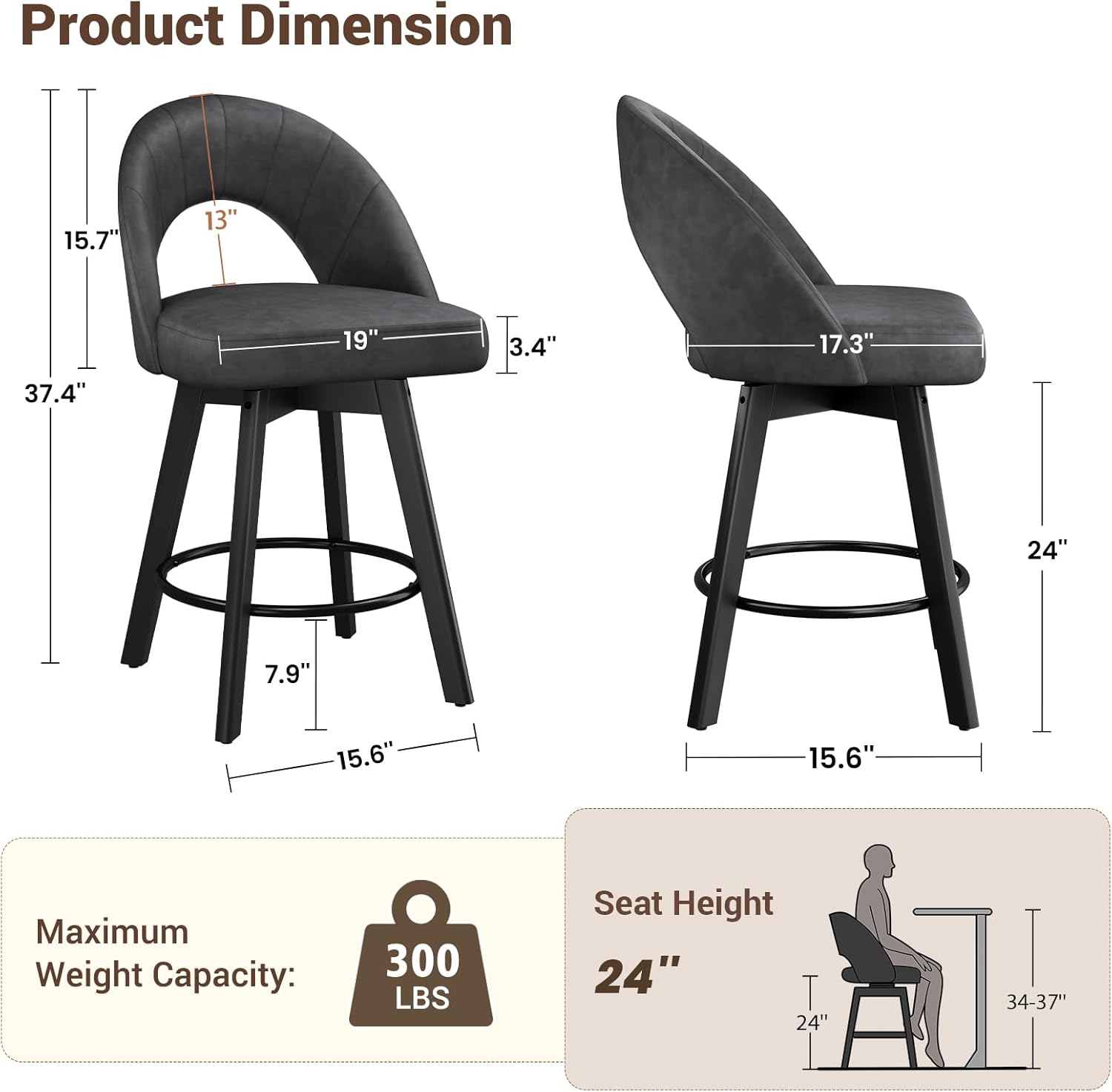 24” Counter Height Bar Stools Set of 2, Modern Swivel Bar Stools with Ergonomic Curved Back, Faux Leather Seat & Solid Wood Legs, Charcoal Grey