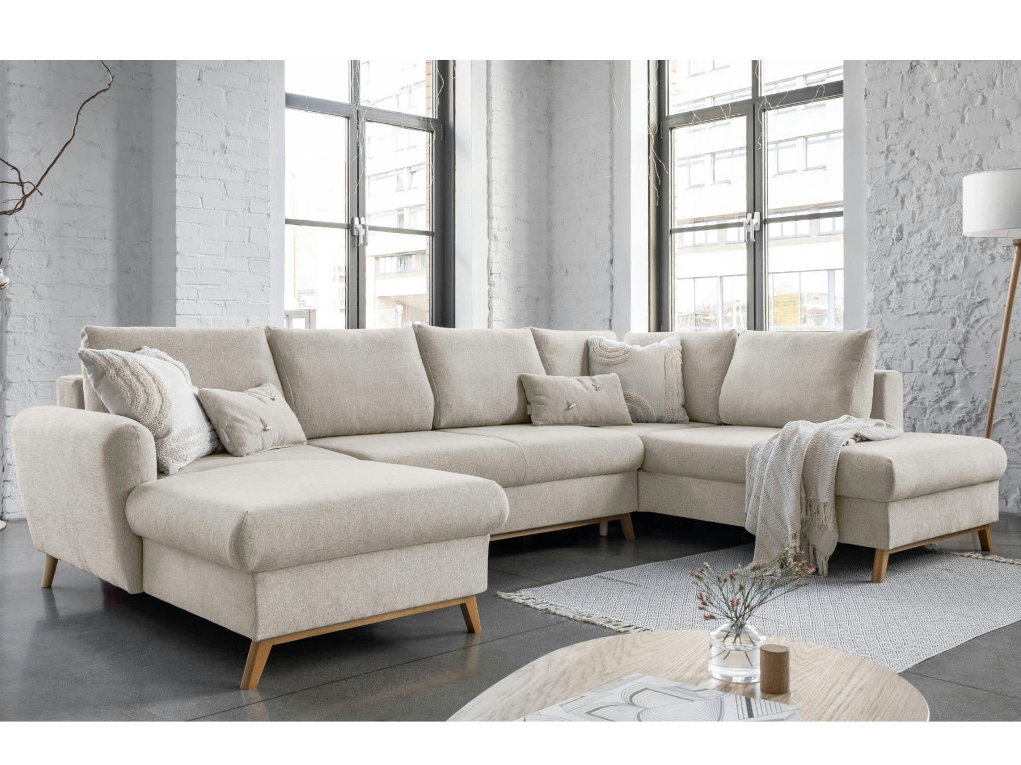 LAGOM - Canapé panoramique 7 places angle droit en tissu beige