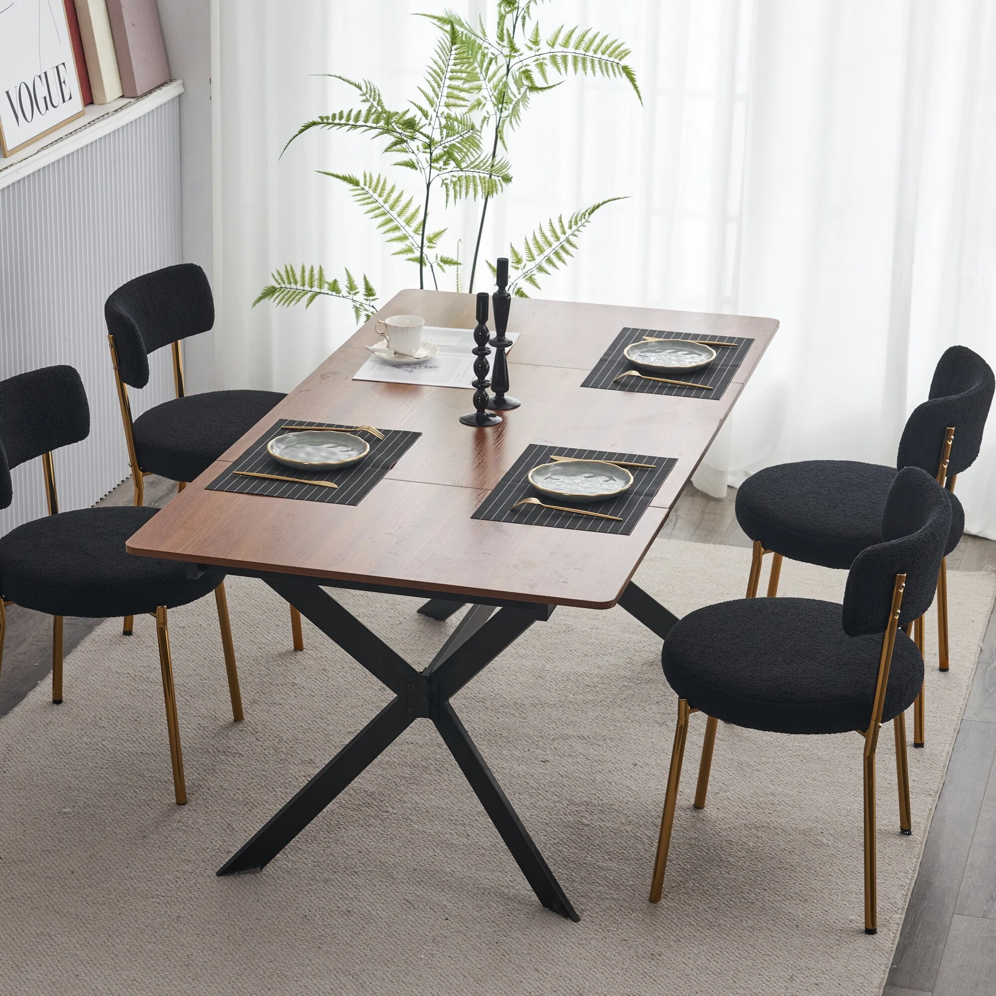 Set of 2 Mid-century Modern Dining Chairs,Teddy Fabric Upholstery,Curved Back,Metal Frame,Black