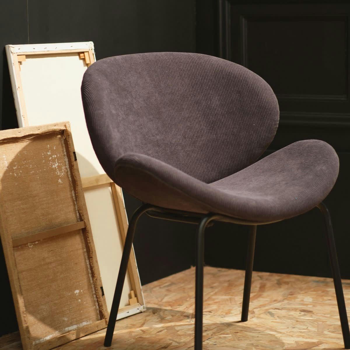 COZY - Fauteuil arrondi en velours côtelé gris et métal
