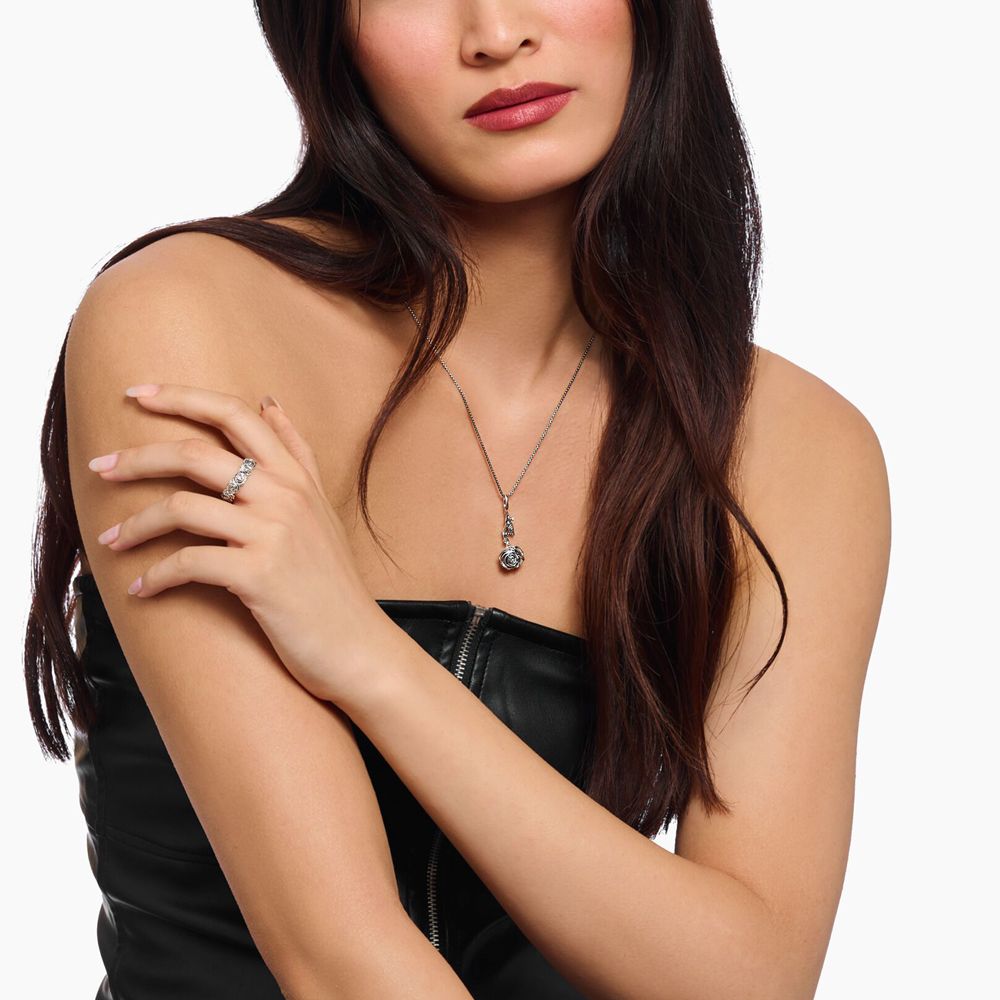 THOMAS SABO Midnight Rose Upside Down Rose & Leaf Pendant PE981-637-21